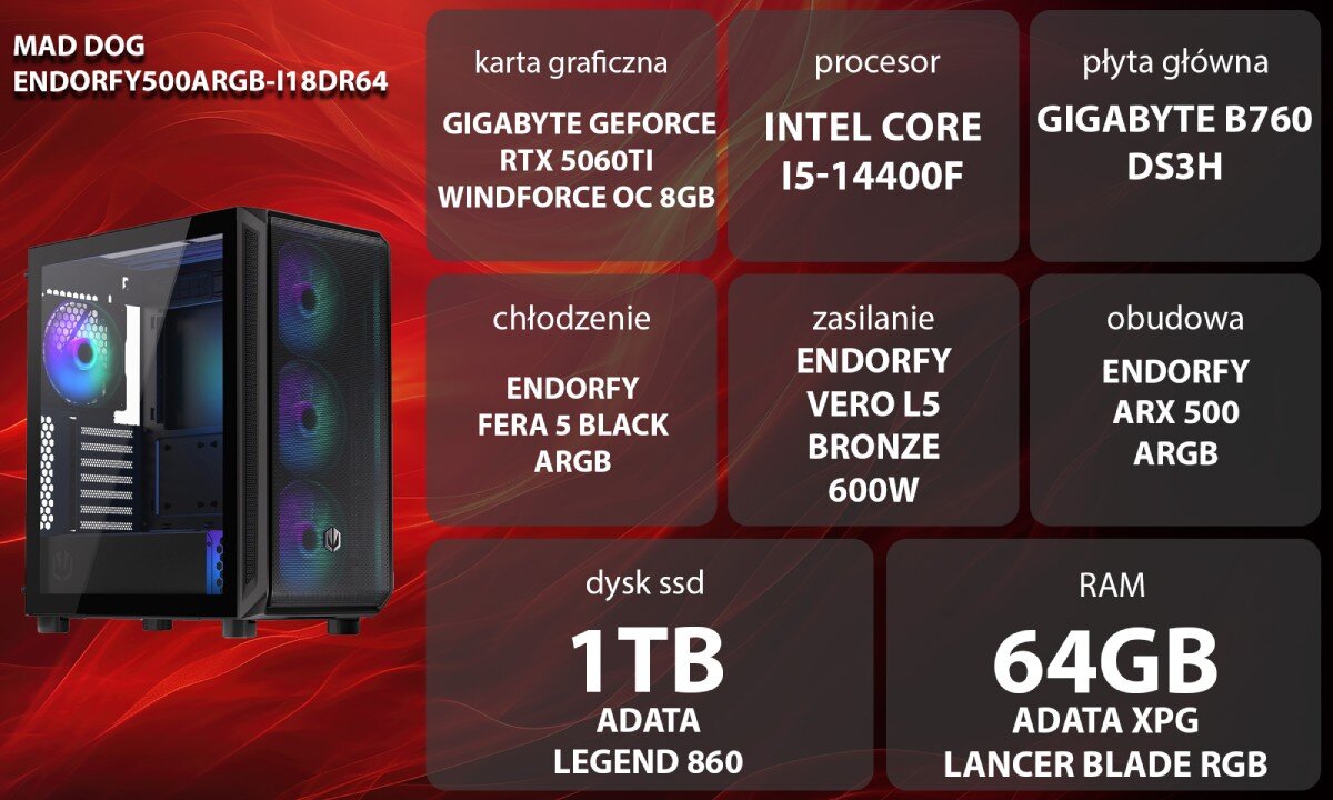 Komputer MAD DOG ENDORFY500ARGB-I18DR64 Zestaw komputerowy przedstawiony z boku, z widocznymi wentylatorami i wnętrzem obudowy; obok znajduje się lista komponentów sprzętowych na czerwonym tle, opis
