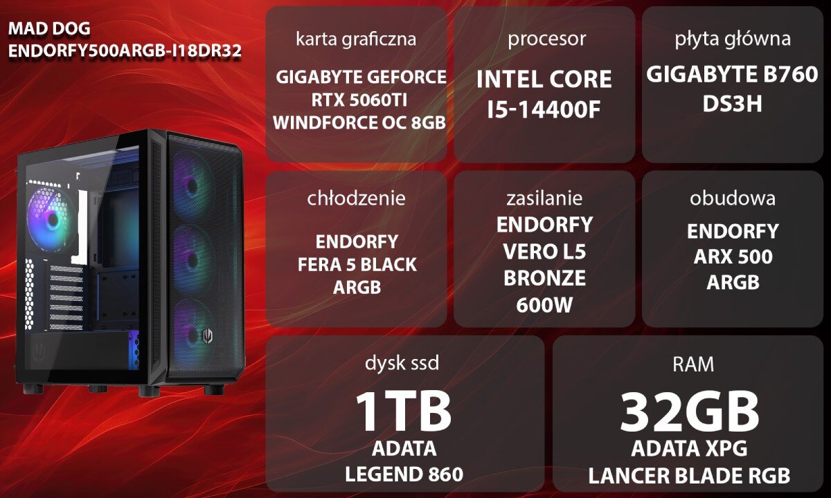 Komputer MAD DOG ENDORFY500ARGB-I18DR32 Zestaw komputerowy przedstawiony z boku, z widocznymi wentylatorami i wnętrzem obudowy; obok znajduje się lista komponentów sprzętowych na czerwonym tle, opis