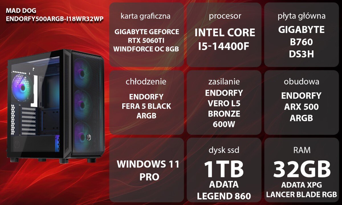 Komputer MAD DOG ENDORFY500ARGB-I18WR32WP Zestaw komputerowy przedstawiony z boku, z widocznymi wentylatorami i wnętrzem obudowy; obok znajduje się lista komponentów sprzętowych na czerwonym tle, opis
