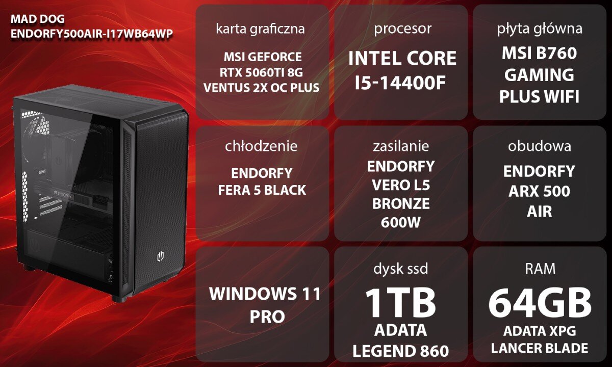 Komputer MAD DOG ENDORFY500AIR-I17WB64WP Zestaw komputerowy przedstawiony z boku, z widocznymi wentylatorami i wnętrzem obudowy; obok znajduje się lista komponentów sprzętowych na czerwonym tle, opis