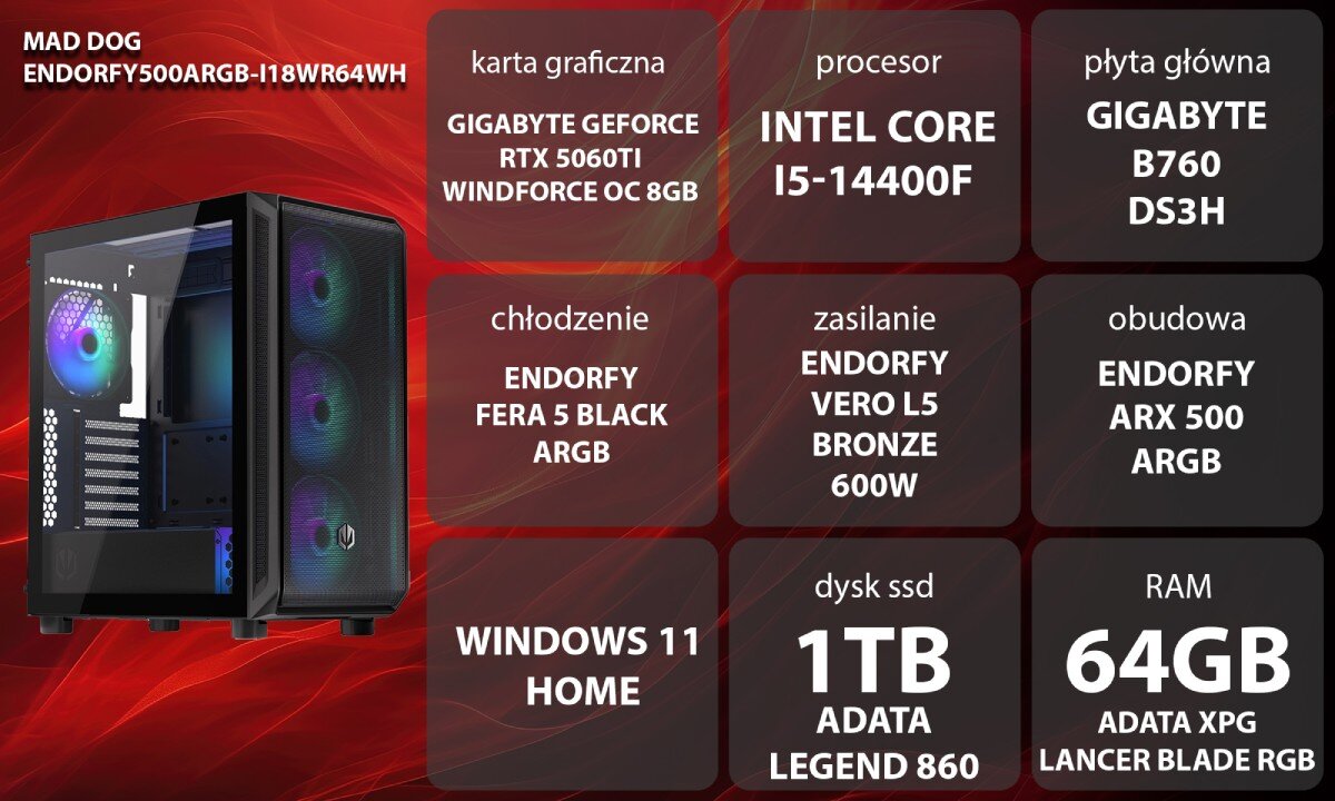 Komputer MAD DOG ENDORFY500ARGB-I18WR64WH Zestaw komputerowy przedstawiony z boku, z widocznymi wentylatorami i wnętrzem obudowy; obok znajduje się lista komponentów sprzętowych na czerwonym tle, opis