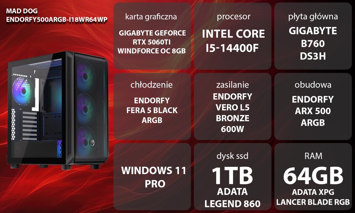 Komputer MAD DOG ENDORFY500ARGB-I18WR64WP Zestaw komputerowy przedstawiony z boku, z widocznymi wentylatorami i wnętrzem obudowy; obok znajduje się lista komponentów sprzętowych na czerwonym tle, opis