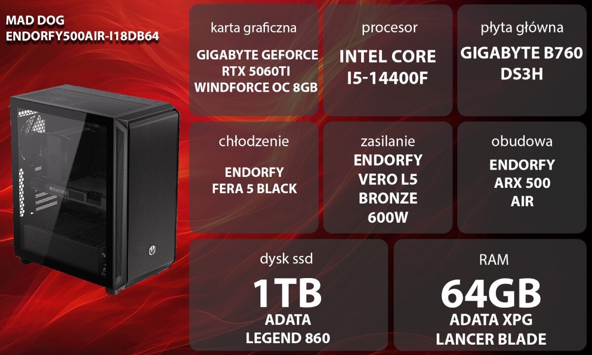 Komputer MAD DOG ENDORFY500AIR-I18DB64 Zestaw komputerowy przedstawiony z boku, z widocznymi wentylatorami i wnętrzem obudowy; obok znajduje się lista komponentów sprzętowych na czerwonym tle, opis