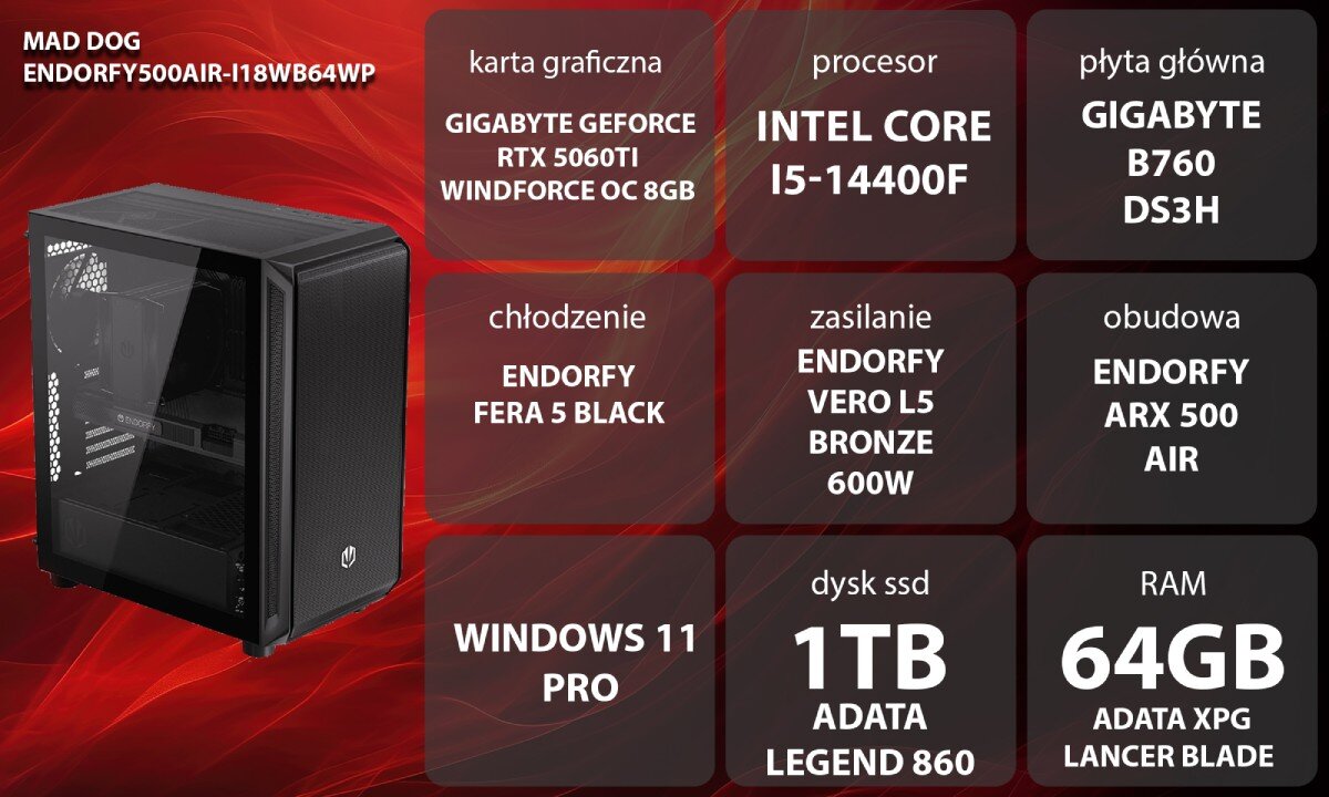 Komputer MAD DOG ENDORFY500AIR-I18WB64WP Zestaw komputerowy przedstawiony z boku, z widocznymi wentylatorami i wnętrzem obudowy; obok znajduje się lista komponentów sprzętowych na czerwonym tle, opis