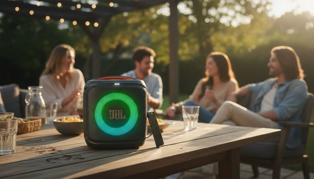 JBL PartyBox Encore Essential 2 JBL Auracast połączenie wielu głośników i dźwięk stereo, urzadzenie na stole w plenerze
