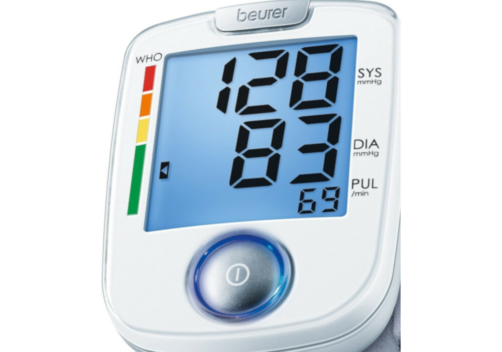 Тонометр BEURER BC 44, чіткий дисплей, синє підсвічування, індикатор низького заряду батареї, практичні повідомлення, розпізнає аритмію, індикатор ризику