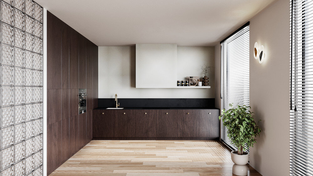 OKAP LANILIA SELETIO 80.1 WHITE Przestronna kuchnia z ciemną zabudową z drewna po lewej i długim ciągiem szafek z czarnym blatem po prawej, pośrodku której dominuje minimalistyczny, biały modułowy okap ścienny, dopełniona dużymi oknami z żaluzjami i donicową rośliną biały okap stylowa kuchnia świeże powietrze w kuchni biały kolor szkło