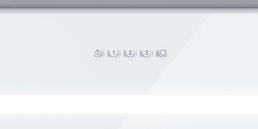 OKAP LANILIA SELETIO 80.1 WHITE Zbliżenie białego panelu sterowania okapu z pięcioma okrągłymi przyciskami: włącznika oświetlenia, trzech biegów pracy oznaczonych 1–3 oraz przycisku z symbolem zasilania łatwe sterowanie przyciski mechaniczne intuicyjna obsługa regulacja mocy