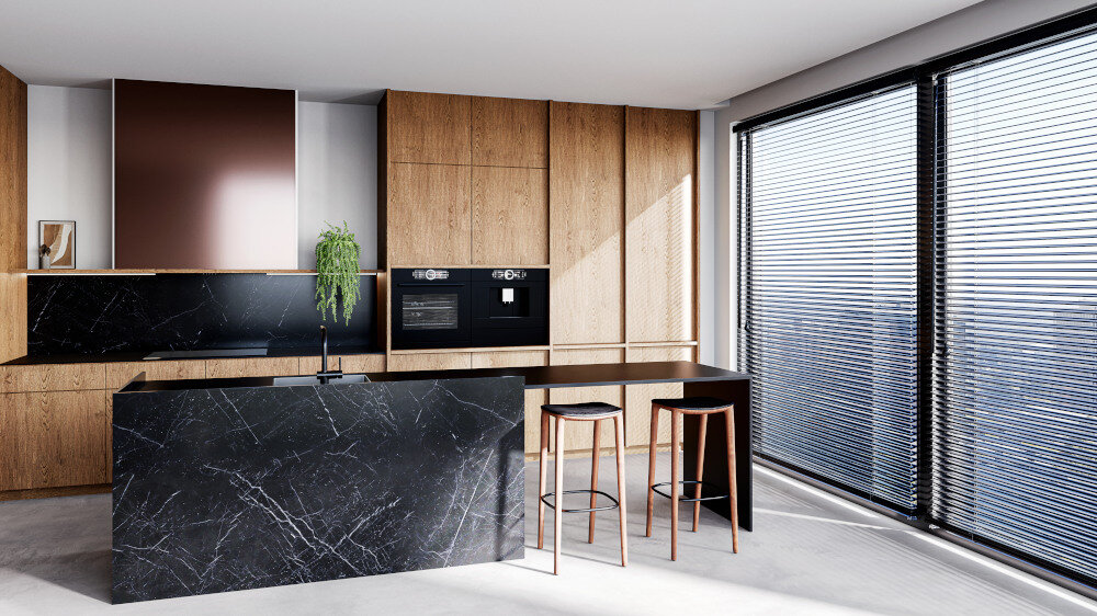 OKAP LANILIA SELETIO 80.1 WHITE Zbliżenie zabudowy kuchennej z ciemnymi, drewnianymi frontami, czarnym blatem i centralnie umieszczonym białym, prostopadłościennym okapem ściennym, obok którego znajduje się półka z dekoracyjnymi naczyniami okap 570 m3 h usuwanie zapachów pochłanianie pary usuwanie dymu wentylacja kuchni łatwe czyszczenie wyjmowane filtry filtr przeciwtłuszczowy wygodna konserwacja