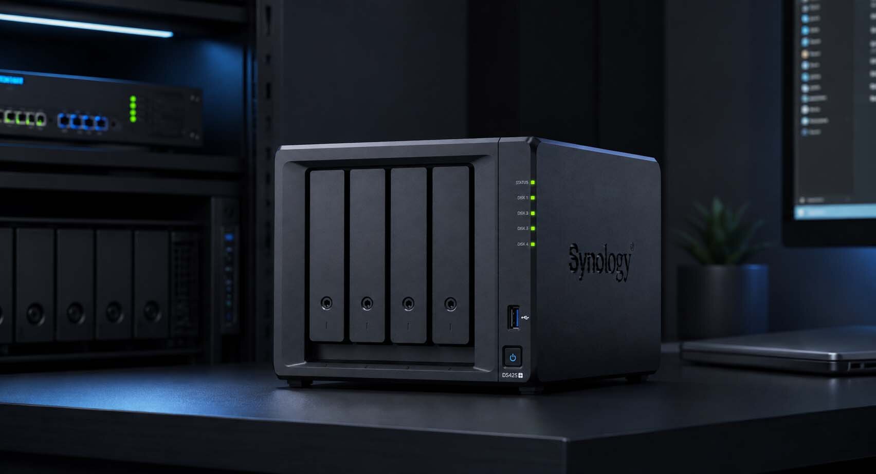 SYNOLOGY DS425+ na tle ciemnej serwerowni.