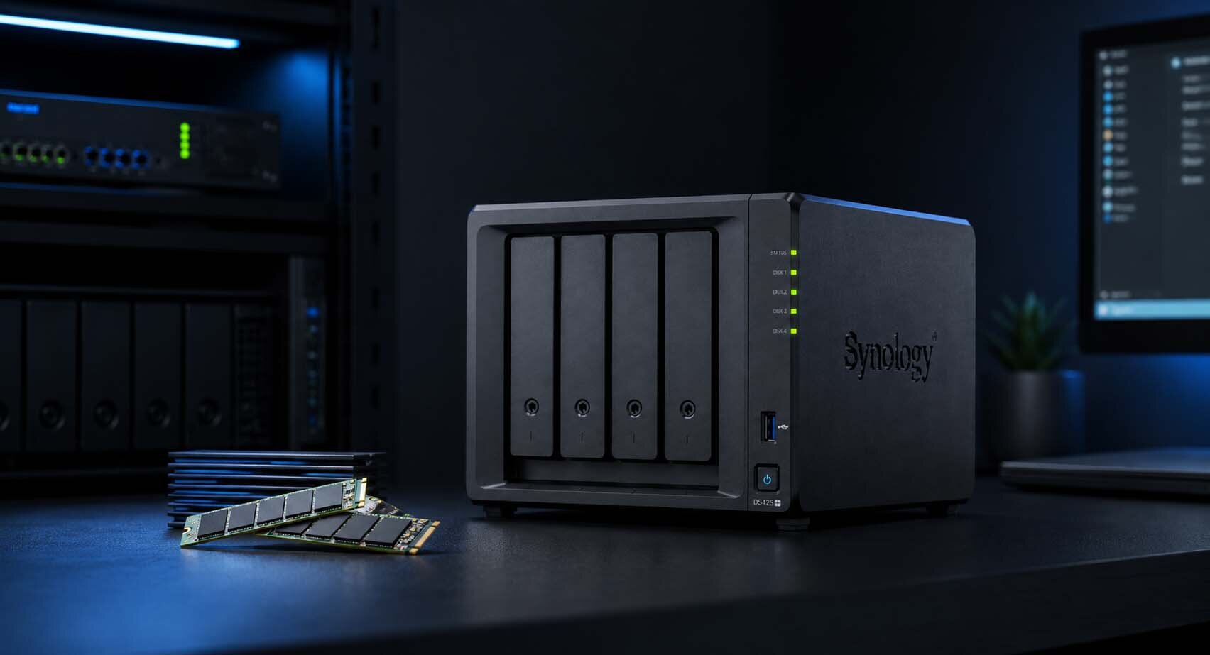 SYNOLOGY DS425+ na tle ciemnej serwerowni.