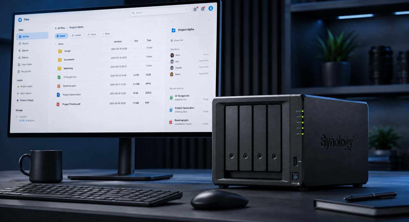 SYNOLOGY DS425+ przy stanowisku komputerowym w przyciemnionym pomieszczeniu.
