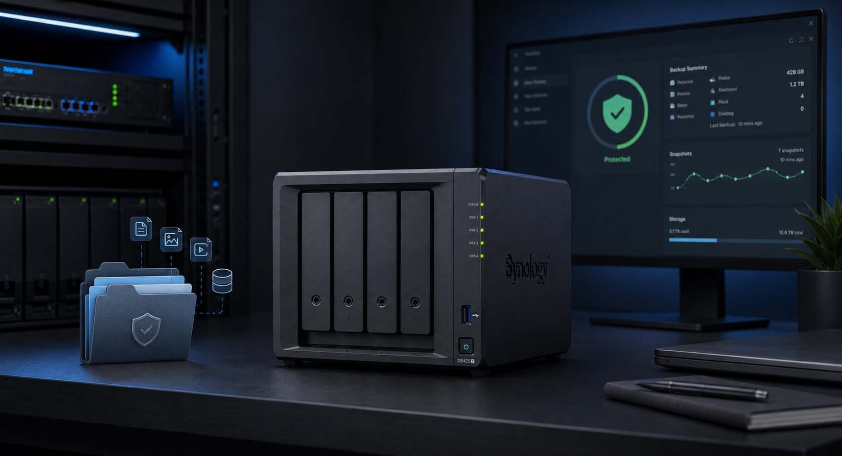 SYNOLOGY DS425+ w ciemnej serwerowni.