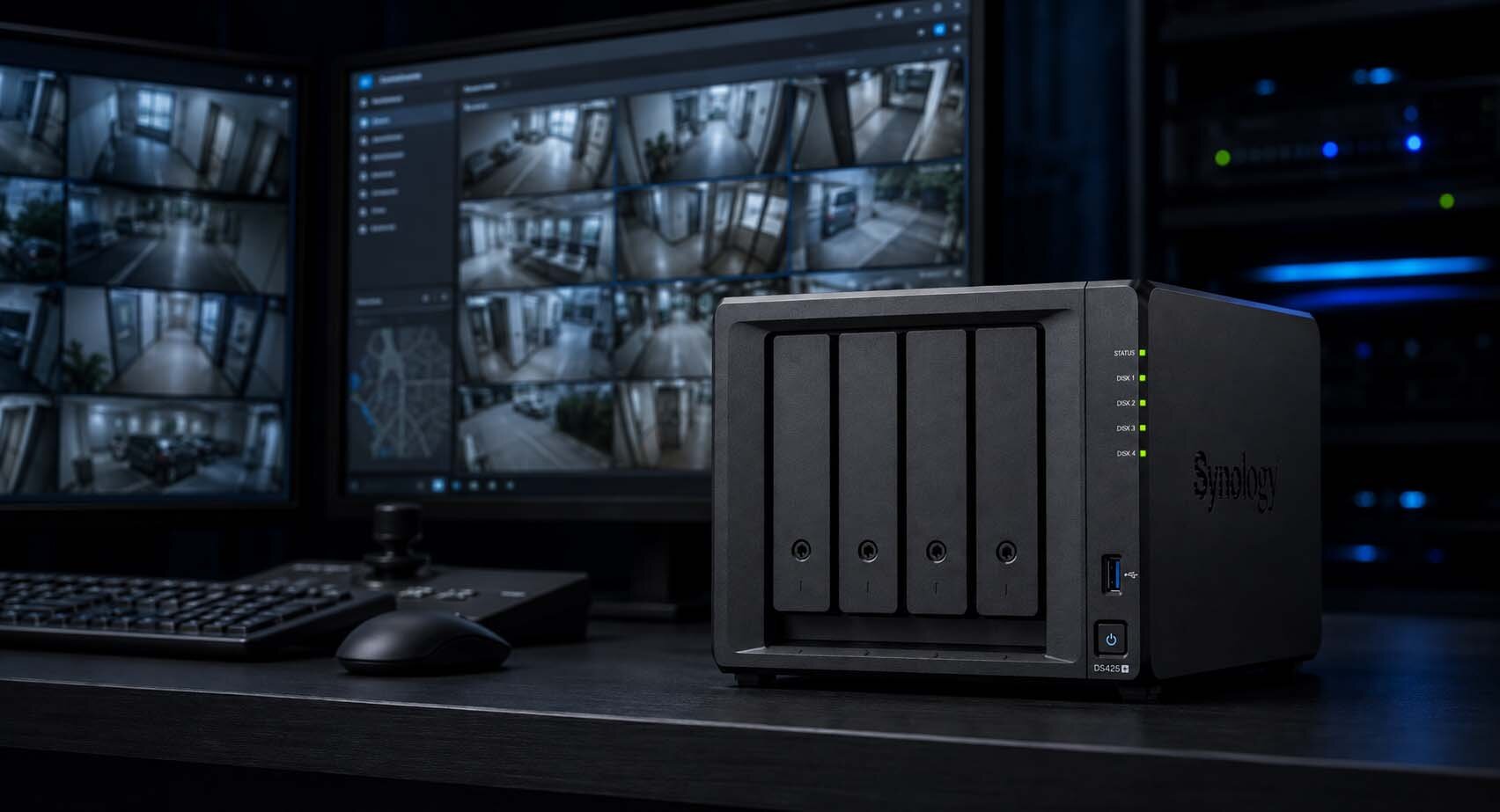 SYNOLOGY DS425+ na biurku, w tle widoczne są nagrania z monitoringu.