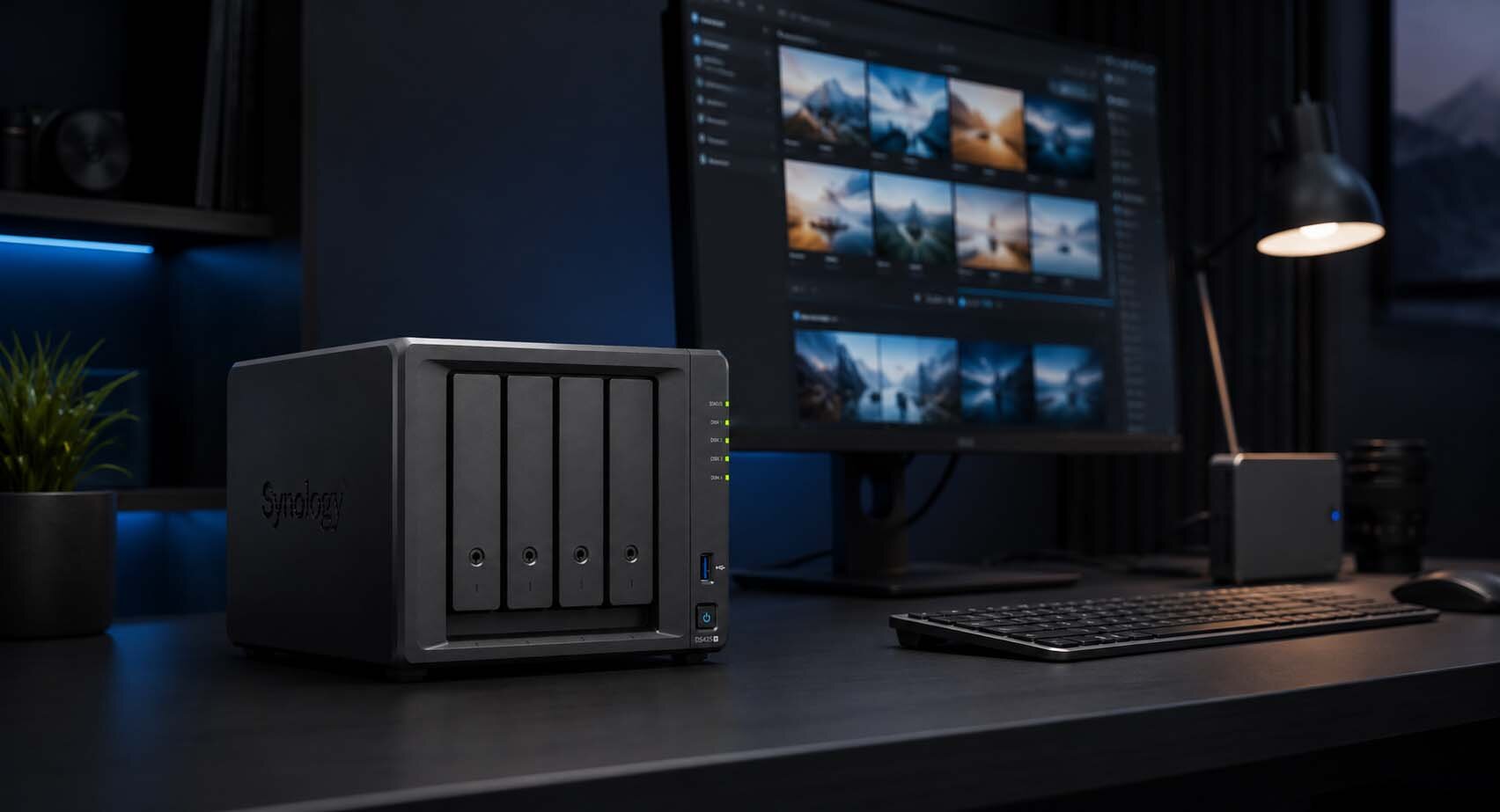 SYNOLOGY DS425+ przy stanowisku komputerowym.