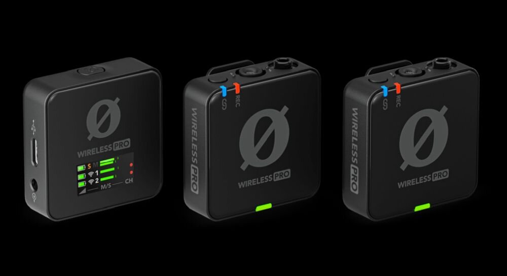 Na obrazie widoczne są trzy czarne urządzenia z logo \'WIRELESS PRO\' i wskaźnikami LED. Urządzenia mają porty i przyciski na górnej krawędzi oraz oznaczenia \'S1\', \'S2\', \'M/S\', \'CH\'.