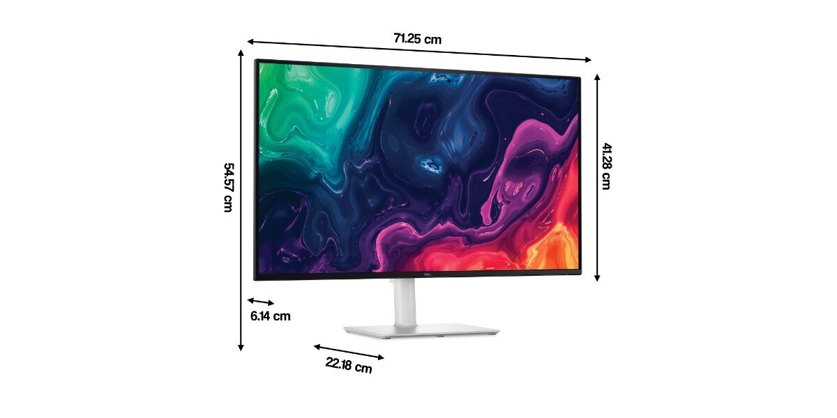 Monitor o przekątnej 31,5 cala z kolorowym, abstrakcyjnym wzorem na ekranie, z widocznymi wymiarami: 71,25 cm szerokości, 54,57 cm wysokości, 41,28 cm wysokości ekranu, 6,14 cm głębokości i 22,18 cm głębokości podstawy. Na dolnej ramce ekranu znajduje się logo DELL.