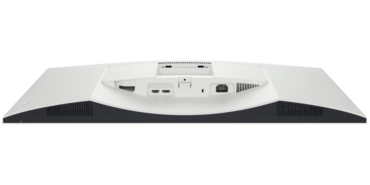 Tył monitora w kolorze białym z widocznymi portami: dwa HDMI, jeden DisplayPort, gniazdo zasilania oraz otwory wentylacyjne. Na obudowie znajduje się logo producenta.