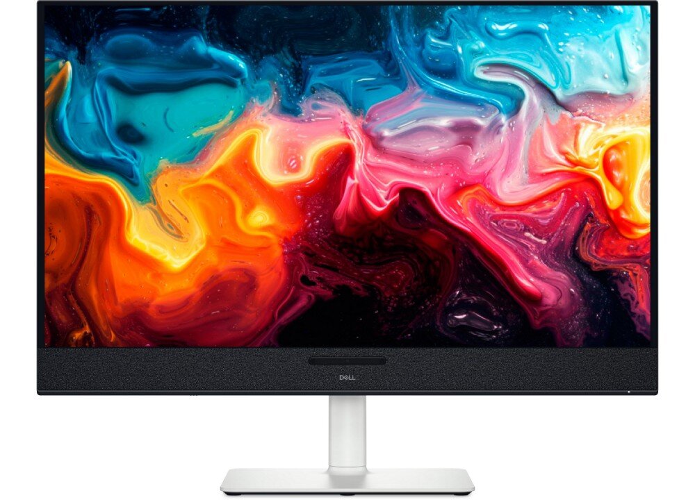 Monitor DELL S3225QC Monitor z cienką czarną ramką wyświetlający kolorowe abstrakcje w odcieniach niebieskiego, różowego, pomarańczowego i czerwonego na białej podstawie