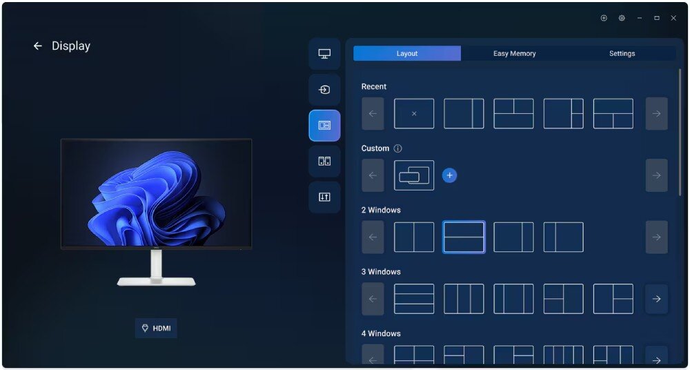 Monitor DELL S3225QC Interfejs aplikacji Dell Display and Peripheral Manager z zakładką 'Layout' pokazującą różne układy okien dla dwóch, trzech i czterech okien