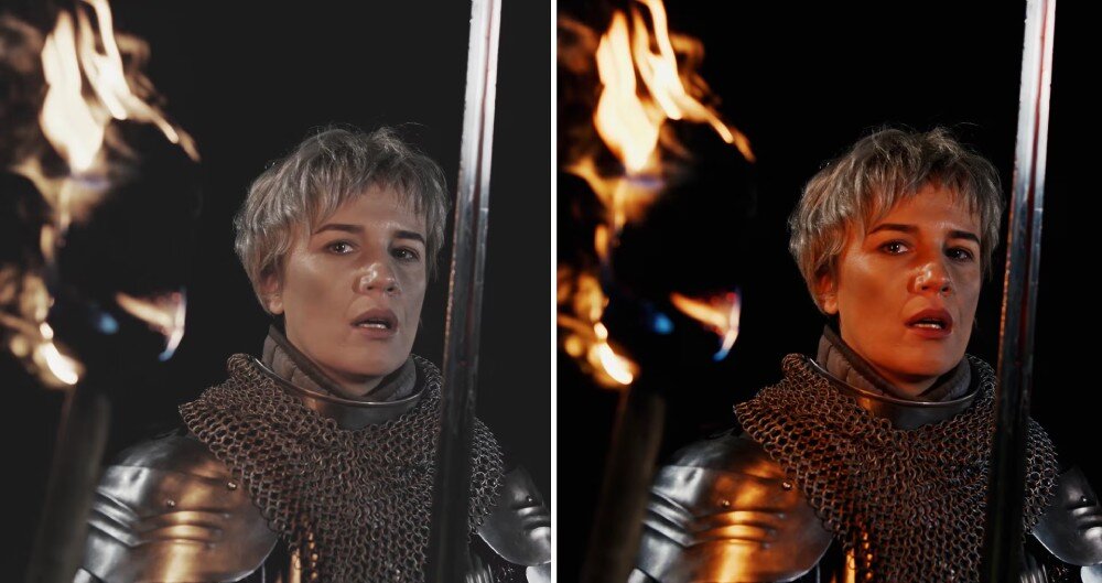 Monitor DELL S3225QC Porównanie dwóch ujęć postaci w zbroi z mieczem pokazujące różnicę w odwzorowaniu kolorów i tonacji