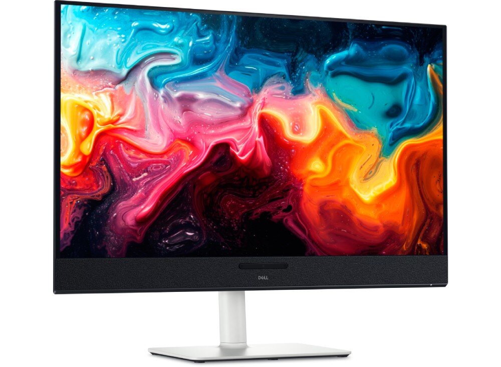 Monitor DELL S3225QC Monitor Dell z cienkimi ramkami i pasem głośników pod ekranem, umieszczony na białej podstawie, wyświetlający ciemny ekran na niebieskim tle