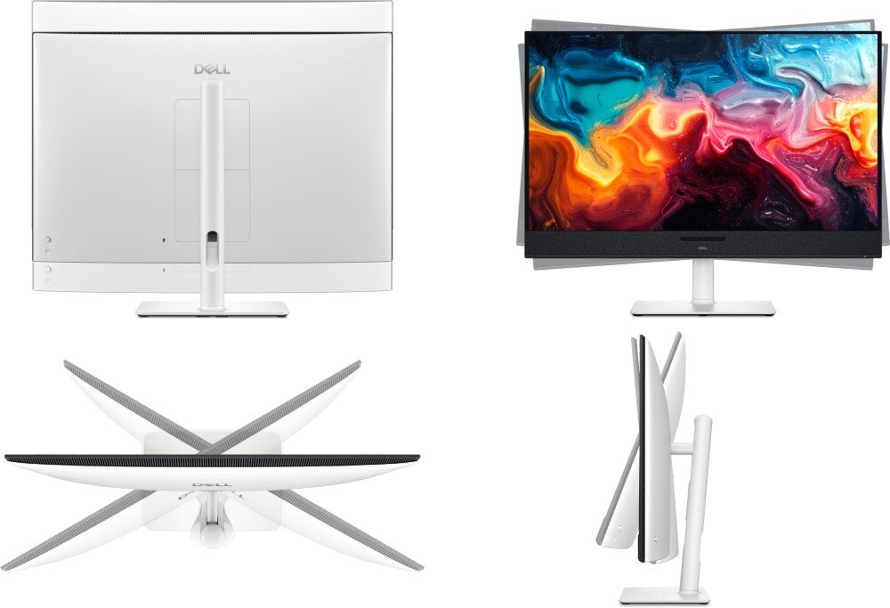 Monitor DELL S3225QC Monitor Dell z białą podstawą pokazany z czterech perspektyw: widok z tyłu, z przodu z wyświetlanymi kolorowymi abstrakcjami, z dołu oraz z boku