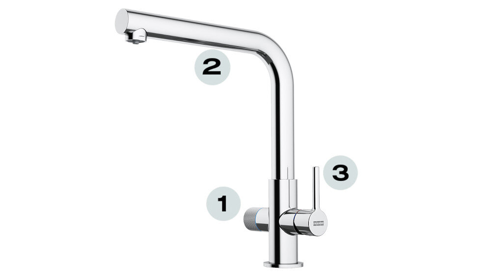 BATERIA KUCHENNA FRANKE Lina Clear Water 2.0 J 120.0730.806 Chromt wizualizacja komfort dźwignia wylewka obrotowa latwa wymiana montaż