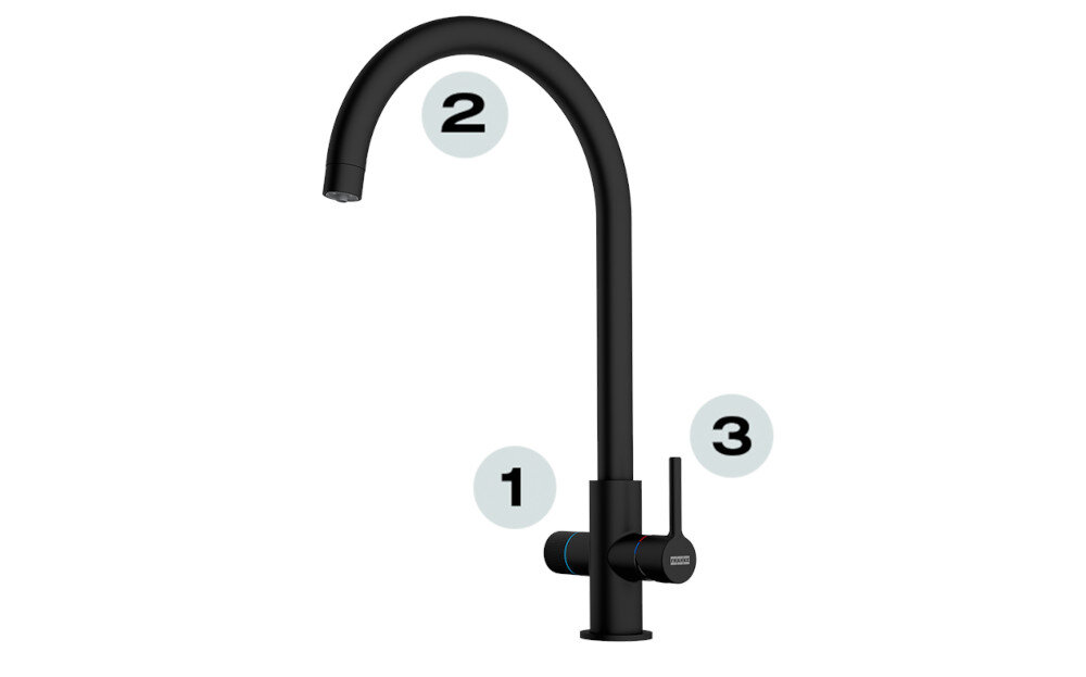 BATERIA KUCHENNA FRANKE Lina Clear Water 2.0 J 120.0730.807 Czarny mat Chromt wizualizacja komfort dźwignia wylewka obrotowa latwa wymiana montaż