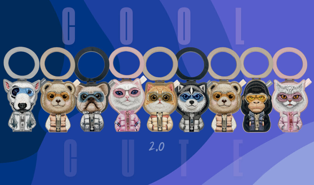 Nimmy Cool&Cute 2.0 – magnetyczna zawieszka z haftem wilka, zamek i okulary, stojak MagSafe