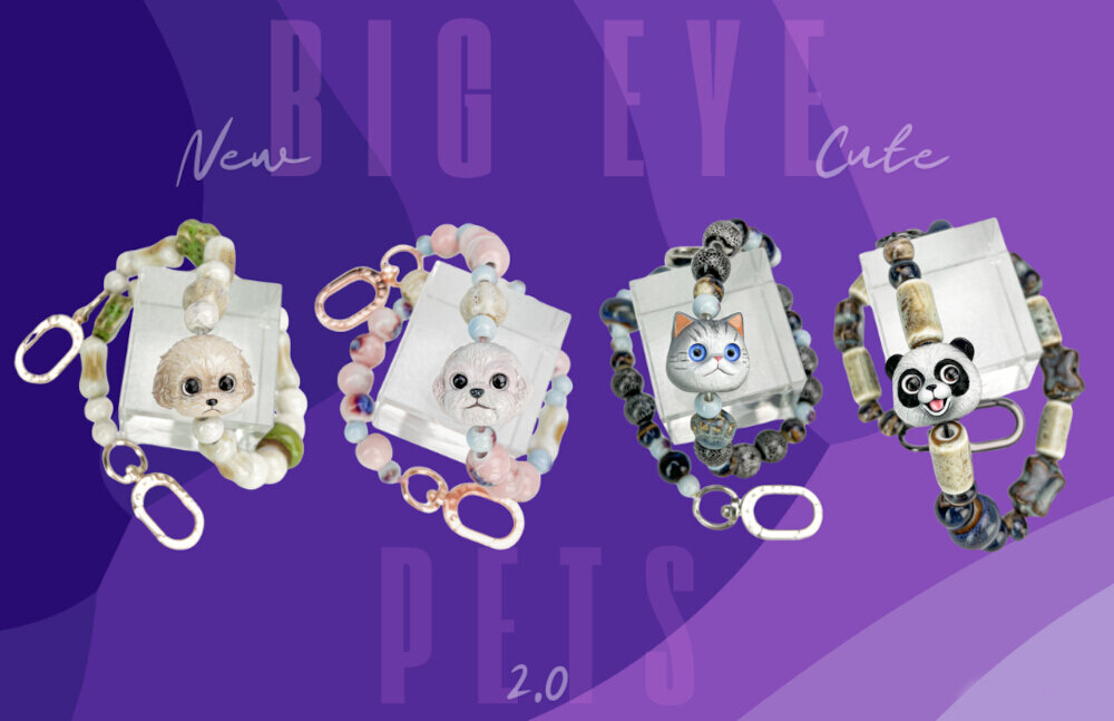 Nimmy New Big Eye Cute Pets 2.0 – zawieszka handstrap z głową kota, koralikami i karabińczykiem