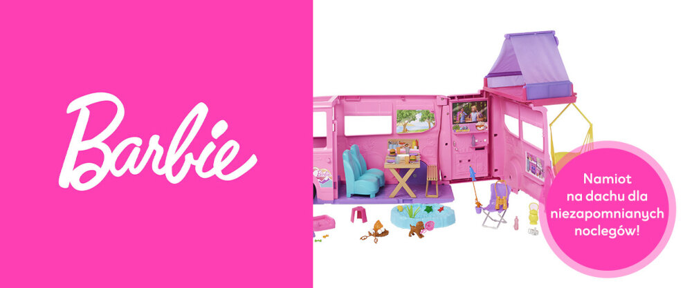 Po lewej- logo Barbie, po prawej - rozłożony zestaw kempingowy, widoczny jest napis 'Namiot na dachu dla niezapomnianych noclegów!'.