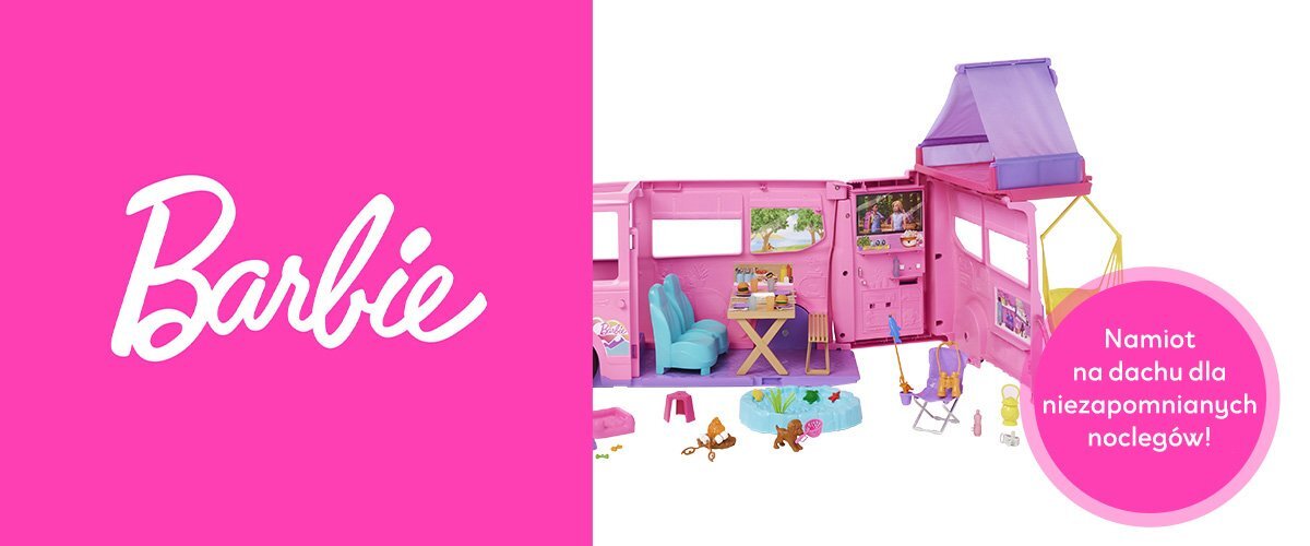 Po lewej stronie widoczne jest różowe logo \'Barbie\'. Po prawej stronie znajduje się różowy kamper z otwartym wnętrzem, w którym widać meble i akcesoria, oraz napis \'Namiot na dachu dla niezapomnianych noclegów!\'.