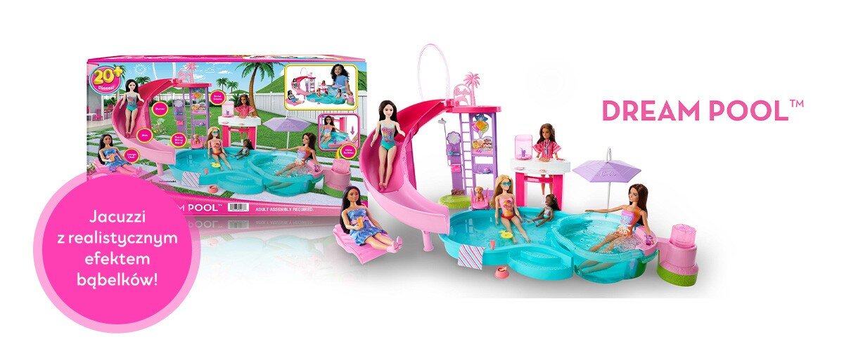 Zdjęcie zestawu Barbie Basen marzeń, obok widnieje napis 'Jacuzzi z realistycznym efektem bąbelków!'.