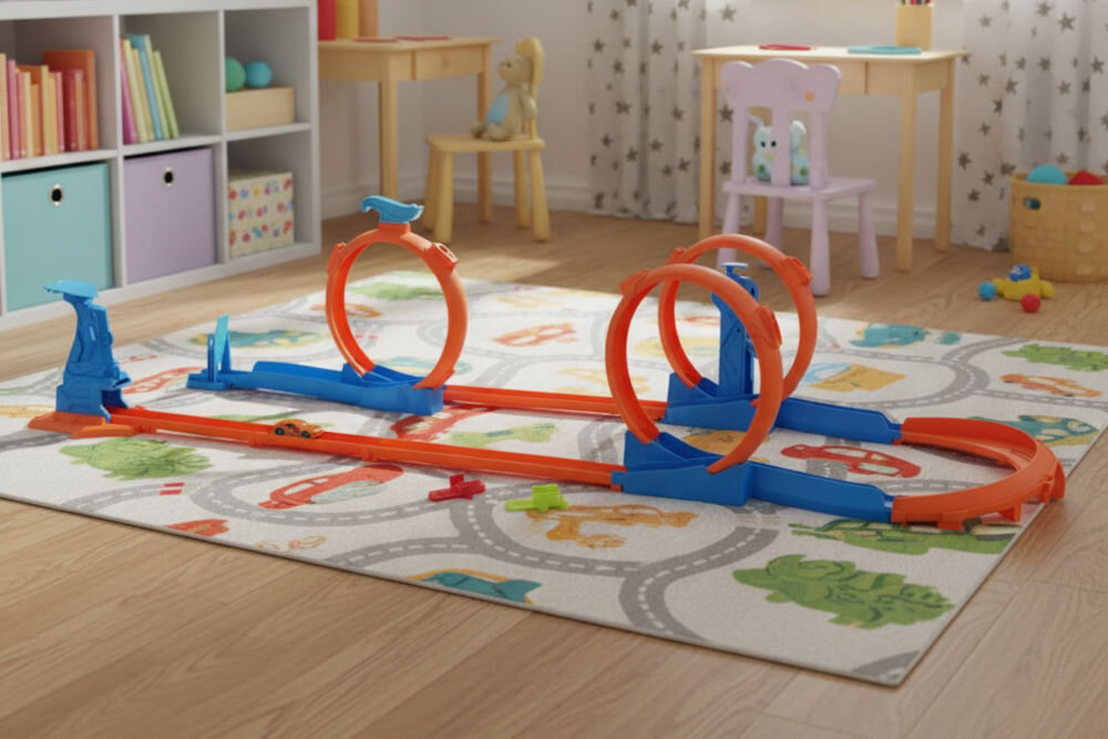 Tor Hot Wheels Track Creator Trzy pętle JDW39 Tor Hot Wheels ustawiony na kolorowym dywanie w dziecięcym pokoju. W tle półka z książkami, krzesło, stolik i zabawki.

