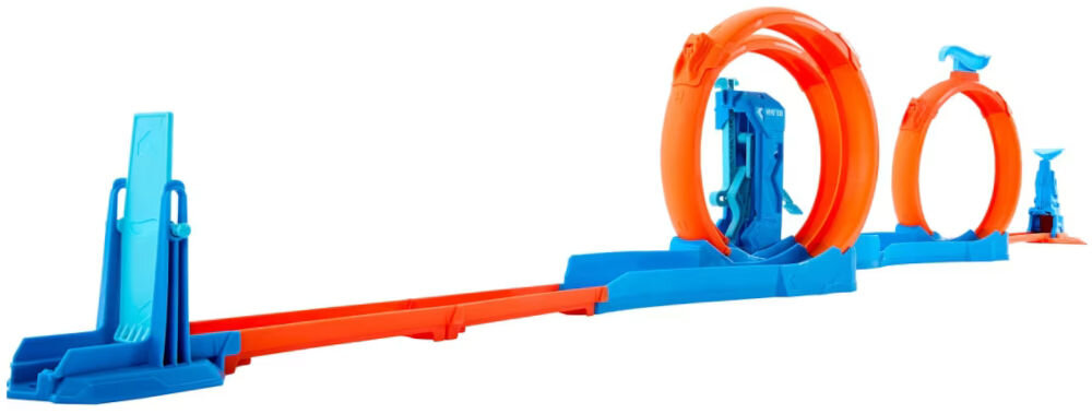 Tor Hot Wheels Track Creator Trzy pętle JDW39 Tor Hot Wheels z dwoma dużymi pętlami widziany z boku, elementy pomarańczowe i niebieskie na białym tle.