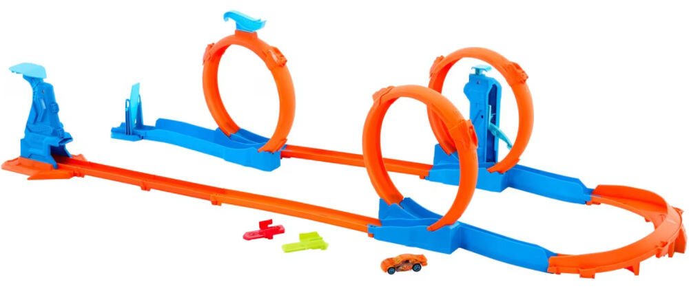 Tor Hot Wheels Track Creator Trzy pętle JDW39 Zbliżenie na fragment plastikowego toru Hot Wheels – widoczne łączenie elementów pomarańczowych i niebieskich.