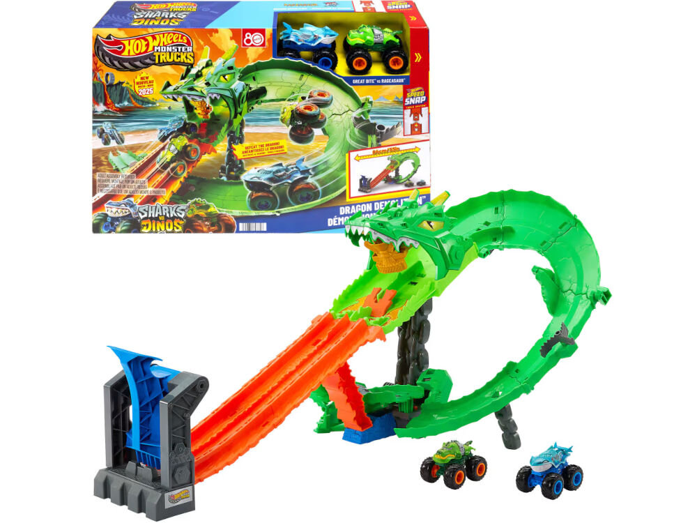 Samochód zdalnie sterowany Hot Wheels Tiger Shark HNV03 Zestaw do zabawy Hot Wheels Monster Trucks Dragon Arena, widoczny w pudełku oraz złożony. Złożony zestaw zawiera zielony tor wyścigowy i pętlę w kształcie smoka oraz pomarańczowy element startowy/katapultę. Na dole leżą dwa małe samochodziki monster truck (jeden niebieski rekin, jeden zielony dinozaur). Tło jest białe.