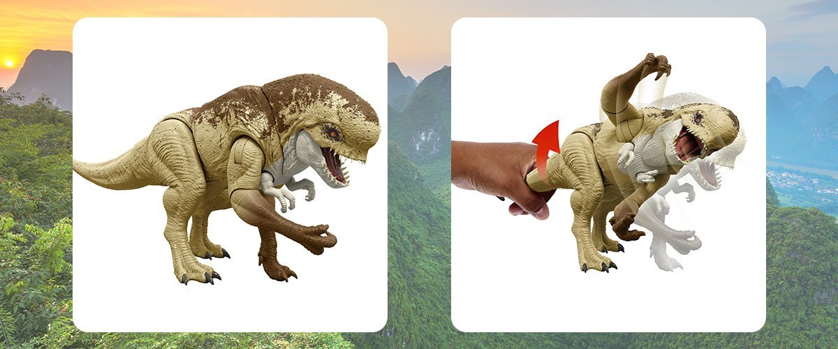 Na obrazie widoczna jest figurka dinozaura o brązowo-beżowym ubarwieniu z otwartą paszczą. Obok znajduje się zdjęcie przedstawiające rękę naciskającą na figurkę, co powoduje ruch jej przednich łap.