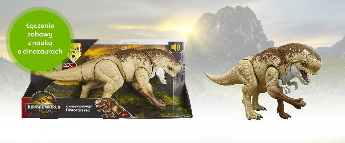 Na obrazie znajduje się figurka dinozaura Distortus Rex oraz jej opakowanie z logo Jurassic World. W lewym górnym rogu widnieje zielony okrąg z napisem \'Łączenie zabawy z nauką o dinozaurach\'.