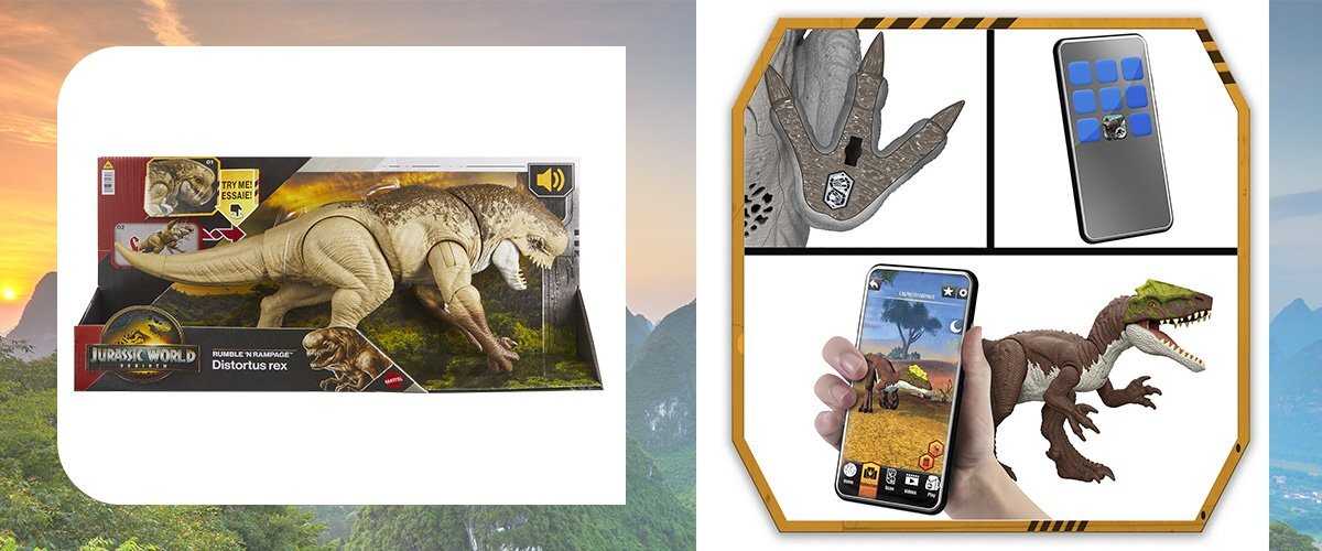 Na obrazie widoczna jest figurka dinozaura w opakowaniu z logo \'Jurassic World\' i napisem \'Distortus rex\'. Obok pokazano aplikację na telefonie, która współpracuje z figurką.