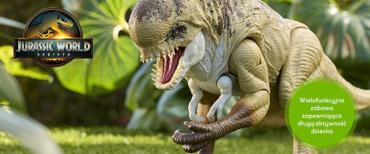 Na obrazie widoczna jest figurka dinozaura na tle zielonych liści. Obok znajduje się logo \'Jurassic World Rebirth\' oraz napis \'Wielofunkcyjna zabawa zapewniająca długą aktywność dziecka\'.