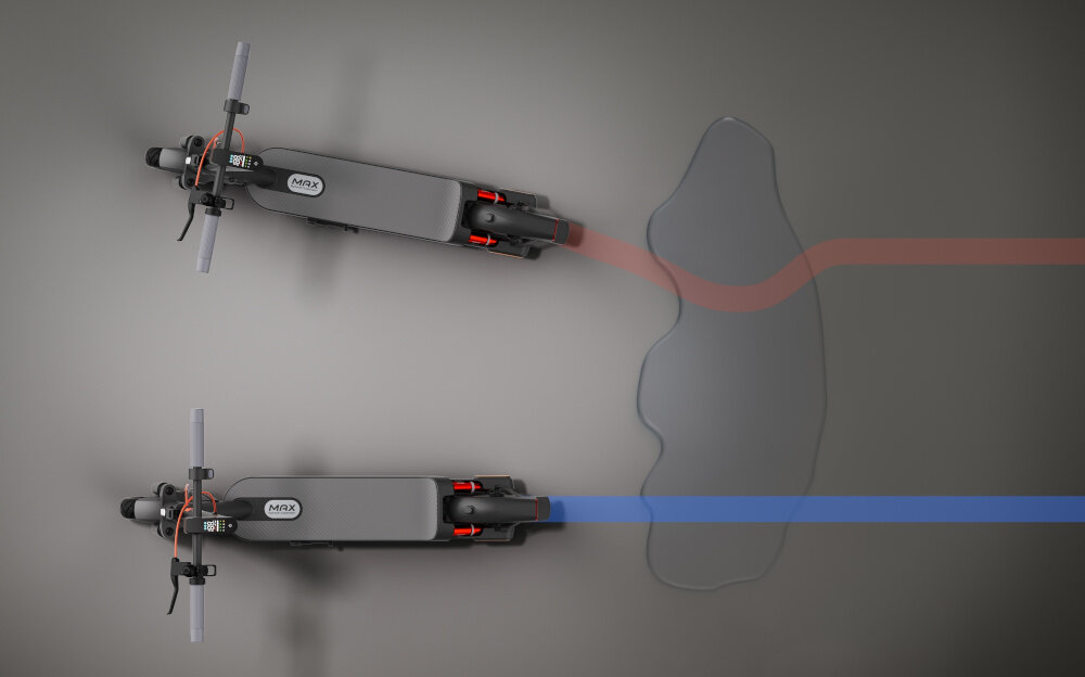 Hulajnoga elektryczna XIAOMI Scooter 5 Max 60km 400W 10 cali Czarny widok z góry dwie hulajnogi dwie linie pokazujące jazdę na suchej i mokrej nawierzchni wbudowany system TCS system kontroli trakcji stabilność podczas jazdy na śliskiej i mokrej drodze komfort stabilność