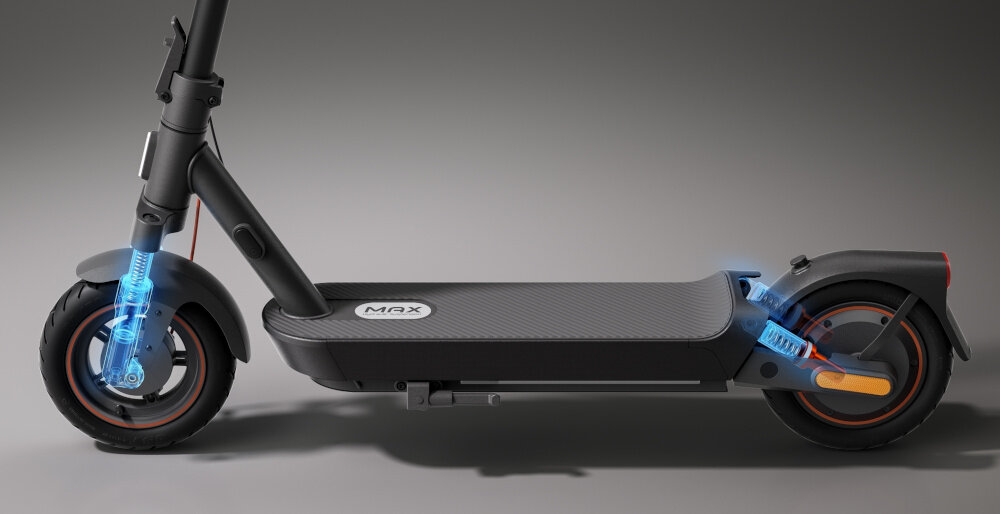 Hulajnoga elektryczna XIAOMI Scooter 5 Max 60km 400W 10 cali Czarny dół hulajnogi podświetlona amortyzacja z przodu i z tyłu podwójne sprężynowe zawieszenie z przodu i z tyłu redukuje wpływ wstrząsów i drgań do 30 mm płynna i przyjemna jazda po nierównych terenach amortyzacja