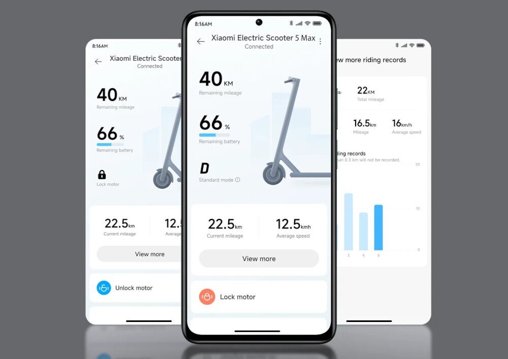 Hulajnoga elektryczna XIAOMI Scooter 5 Max 60km 400W 10 cali Czarny zrzut ekranu telefonu w telefonie wgrana aplikacja aplikacja Mi Home / Xiaomi Home Bluetooth zaawansowana integracja pełny dostęp do kluczowych informacji wygodne sterowanie monitorowanie w czasie rzeczywistym na systemy Android i iOS