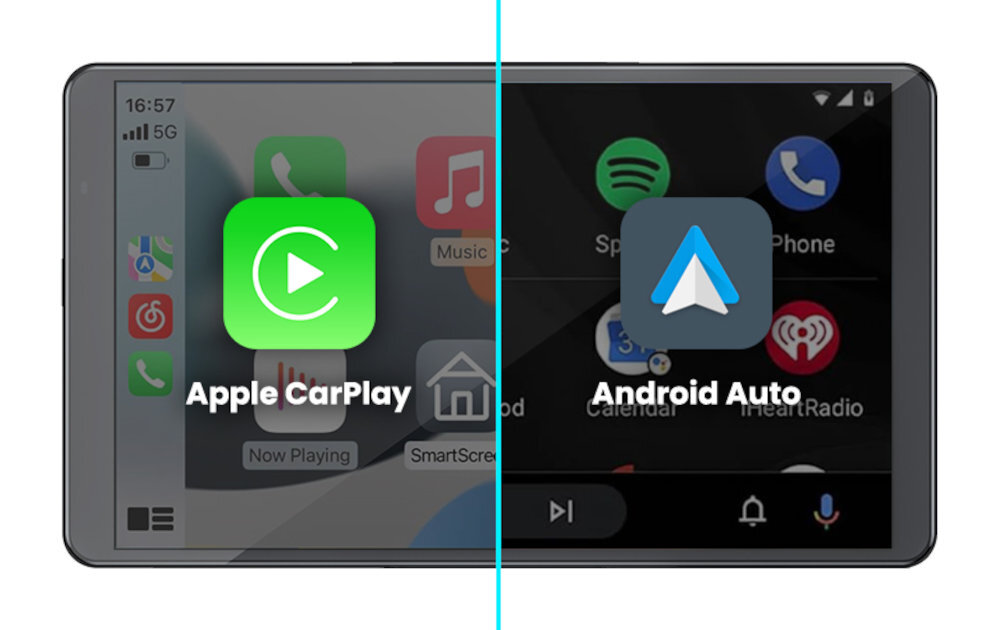 Obraz przedstawia ekran tabletu z interfejsami Apple CarPlay i Android Auto. Na ekranie widoczne są ikony aplikacji oraz godzina 16:57 i wskaźnik 5G.