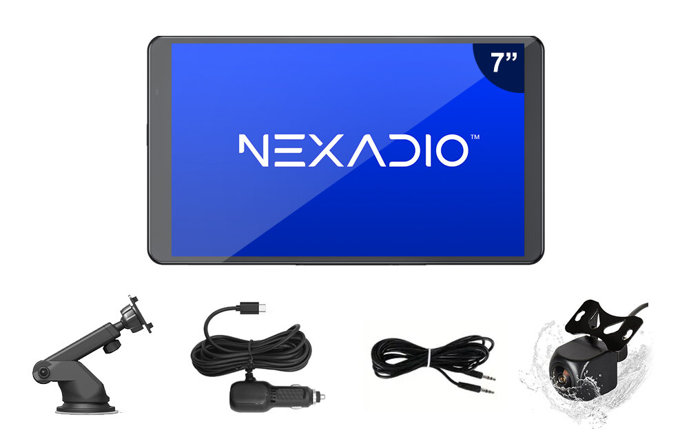 Obraz przedstawia tablet z niebieskim ekranem, na którym widnieje napis \'NEXADIO\' oraz oznaczenie \'7\