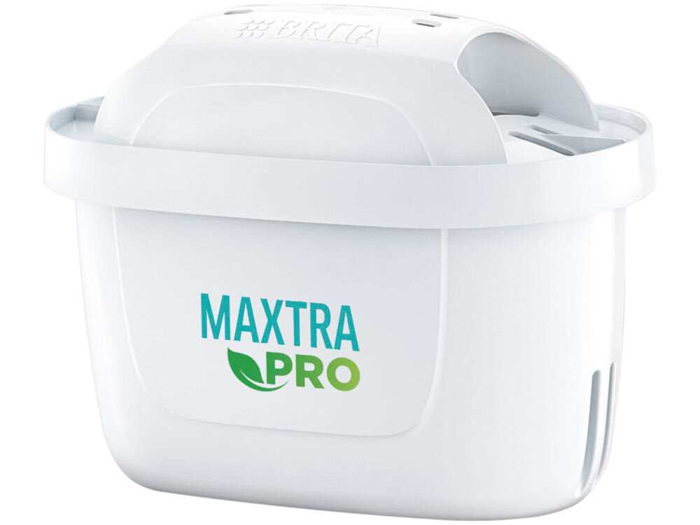Wkład filtrujący BRITA Maxtra Pro Pure Performance (3 szt.) białe tło biały filtr napis pełny smak czystej wody kranowej pozwala ograniczyć zużycie plastikowych butelek poddane recyklingowi zdrowie wygoda troska o planetę