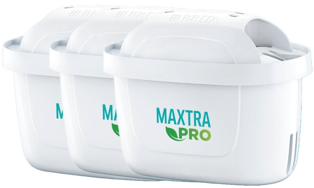 Wkład filtrujący BRITA Maxtra Pro Pure Performance (3 szt.) dokumentacja trzy białe filtry napisy na opakowaniu białe tło