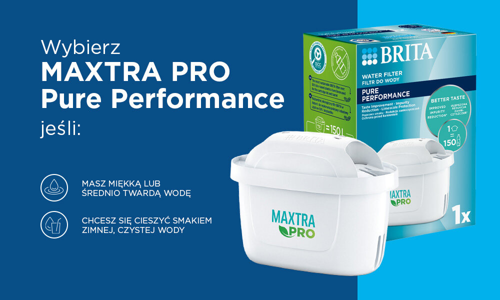 Wkład filtrujący BRITA Maxtra Pro Pure Performance (3 szt.) granatowo niebieskie tło biały filtr zdjęcie opakowania Smak i jakość czysta świeża woda obudowa w 50% z bioplastiku dla świadomych użytkowników do zimnych i ciepłych napojów wydajny do 150 litrów wody